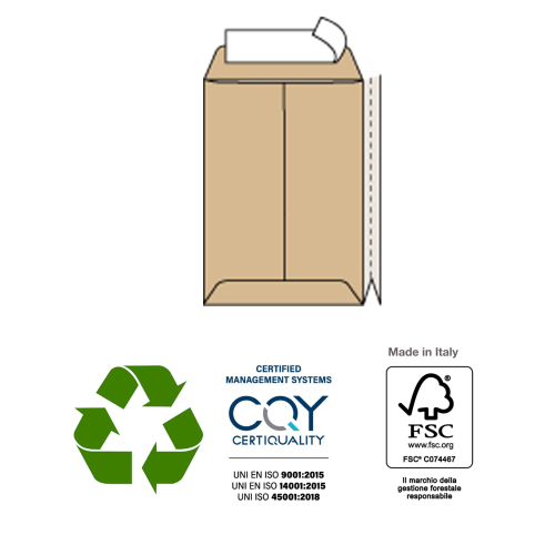 Busta a sacco Multi Strip Large - soffietti laterali - strip adesivo - 23 x 33 x 4 cm - 100 gr - carta riciclata FSC  - avana - Pigna Envelopes - conf. 250 pezzi